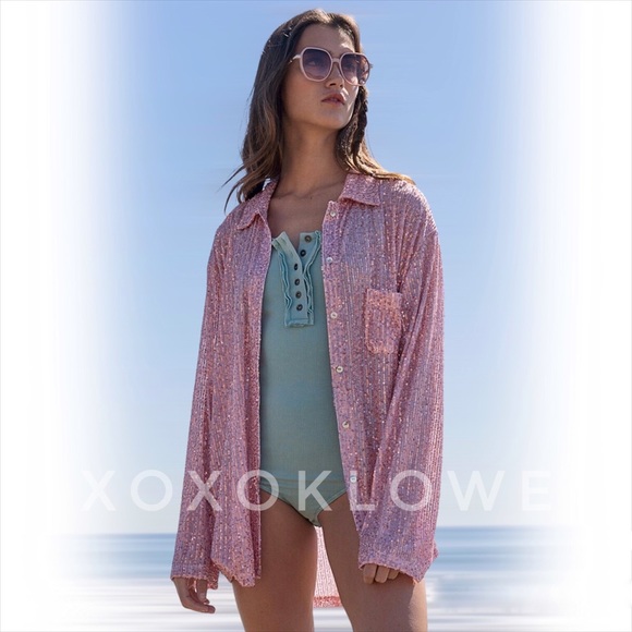 LAST 1 POL Pink Sequin Princess Button Down Shirt Blouse - Picture 7 of 15